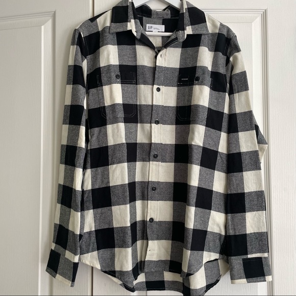GAP Men's Long Sleeve Flannel Shirt Black & White Buffalo Check Size M - Picture 2 of 11